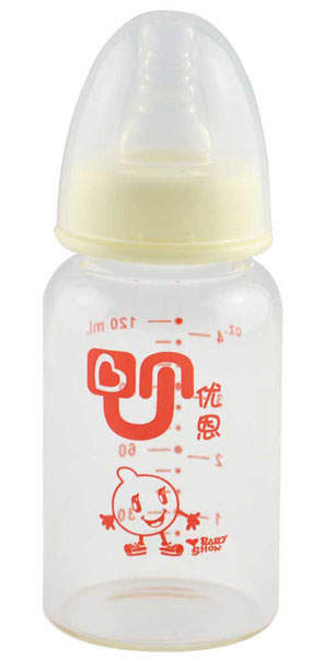 優(yōu)恩黃色標(biāo)口晶鉆直身玻璃奶瓶120ml