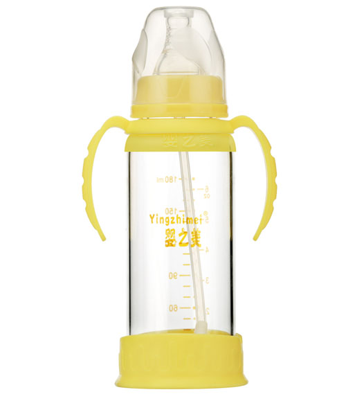 嬰之美標(biāo)口雙耳自動(dòng)高硼硅玻璃奶瓶180ML黃色