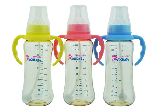 安心貝比雙柄標(biāo)口自動吸管弧形奶瓶300ml