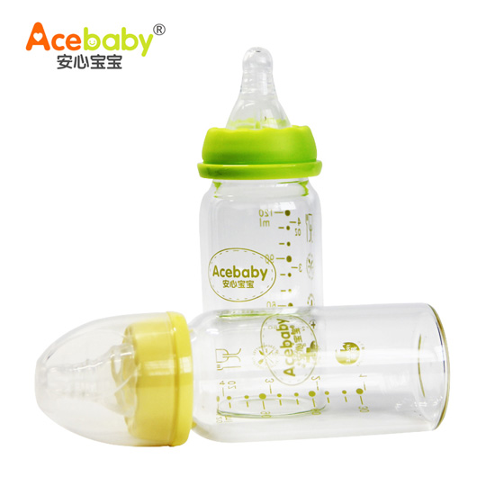 安心寶寶120ml標(biāo)準(zhǔn)口徑高硼硅玻璃奶瓶綠色黃色兩個裝
