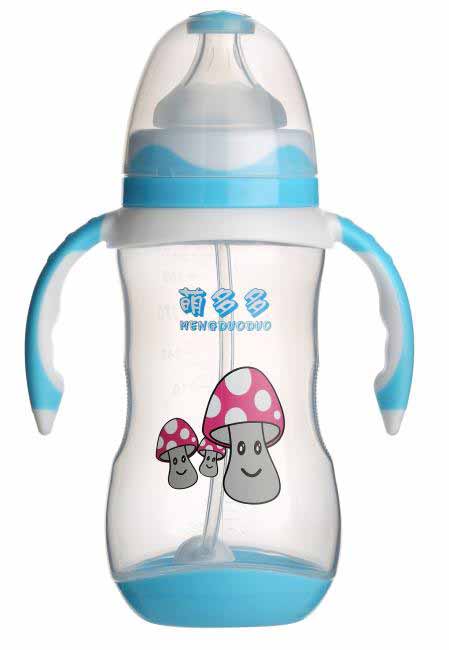 萌多多PP寬口300ml雙色蘭白手柄自動奶瓶