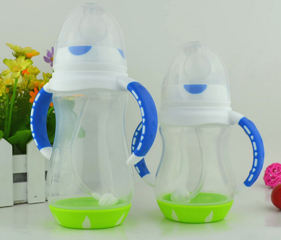 聰貝寬口徑PP奶瓶帶雙色手柄帶底座