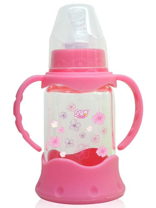 貝嬰奇120m防爆感溫標口晶鉆玻璃奶瓶粉色