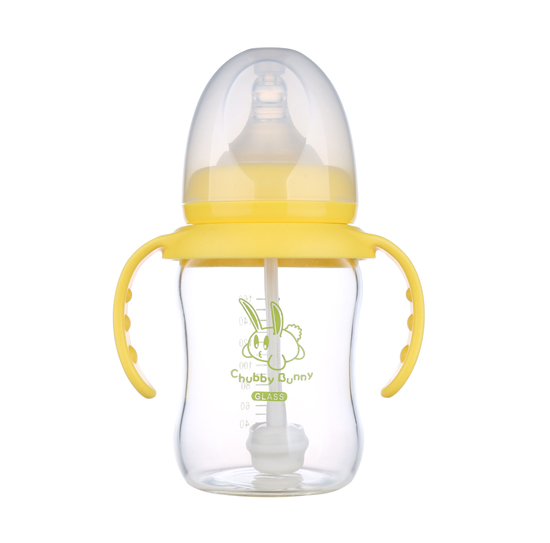 丘比兔玻璃寬口徑葫蘆型自動把手奶瓶160ML黃色