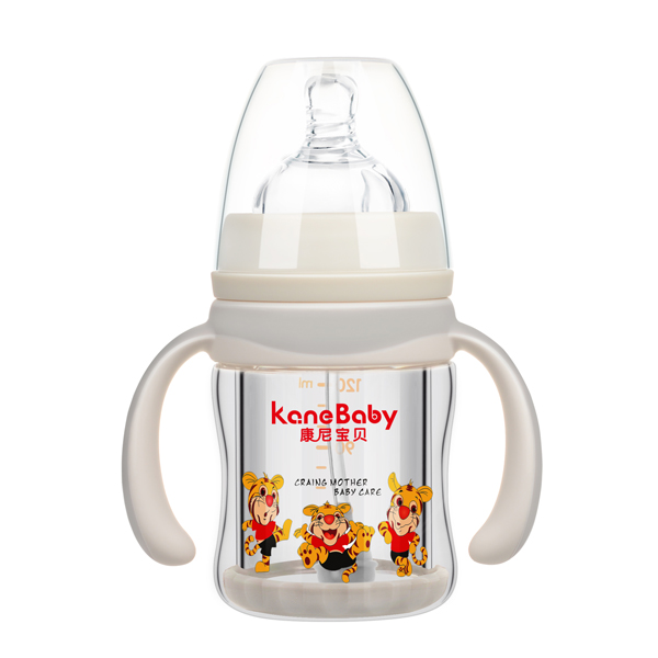 康尼寶貝弧形寬口有柄自動防爆玻璃奶瓶120ml 灰色