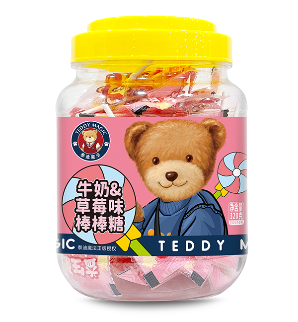 泰迪魔法牛奶草莓味棒棒糖 大桶裝