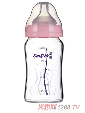 皇嬰寬口晶鉆玻璃大奶瓶200ml粉色