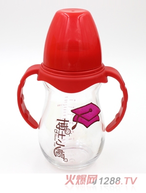 博士小帽玻璃有柄自然親子寬口徑奶瓶240ml紅色