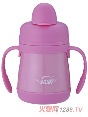 天使貝貝帶手柄寬口兒童水杯粉色