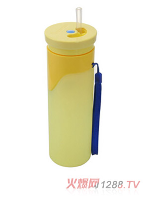 馬卡龍奶嘴硅膠內(nèi)膽折疊水杯 黃色 吸嘴蓋 500ml