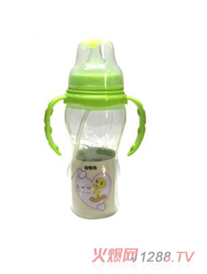 愛(ài)吖吖300ML寬口感溫防滑自動(dòng)雙柄PP奶瓶